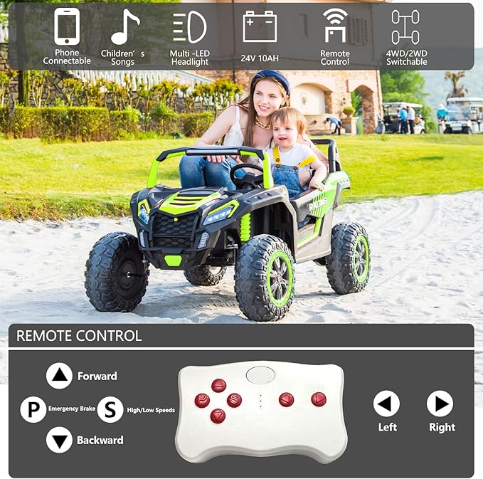 POSTACK 220lbs XXXL 24V Ride on Toy for Big Kids, 2 Seater Battery Powered Electric Toy Car for Kids, Ride On Car with Parent Remote Control, 4WD Side by Side Ride on Power 4 Wheeler UTV Truck, Green