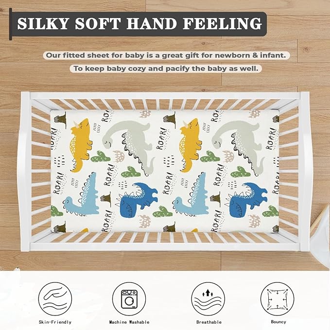 Dinosaur Group Fitted Crib Sheet Cactus and Dinosaur Baby Crib Sheet Fit Standard Crib and Toddler Mattress,Crib Mattress Sheets for Boys Girls 28"x52"