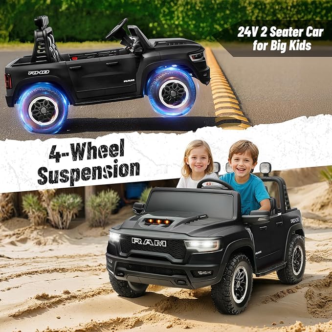 Electric Car for Kids, Licensed Ram 1500 RHO, 24V Ride on Toys for Big Kids, Battery Powered with Parent Remote Control, LED Light/Music/MP3, Back Storage, Black, Roll Bar