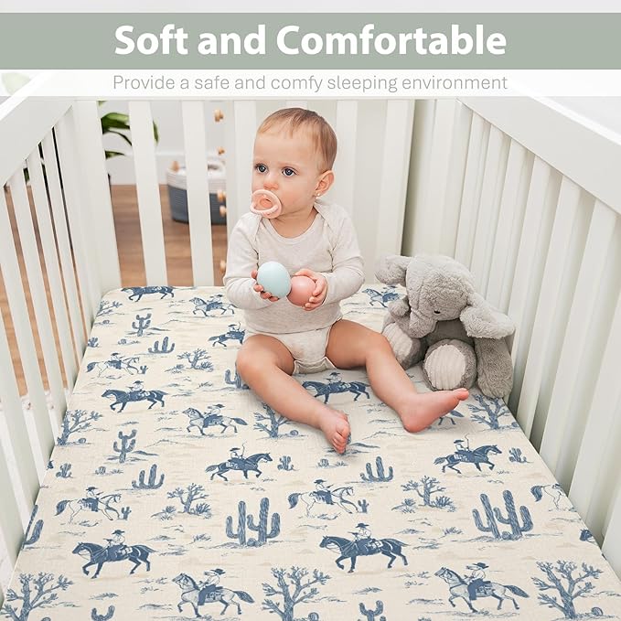 Vintage Western Cowboy Baby Crib Sheets, Standard Size (28x52 inches), Polyester, Brown, Beige, Tan, Cartoon Pattern, 9 Inch Deep Pocket, 300 Thread Count, Machine Washable