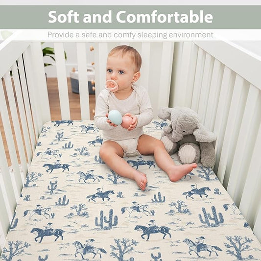 Vintage Western Cowboy Baby Crib Sheets, Standard Size (28x52 inches), Polyester, Brown, Beige, Tan, Cartoon Pattern, 9 Inch Deep Pocket, 300 Thread Count, Machine Washable