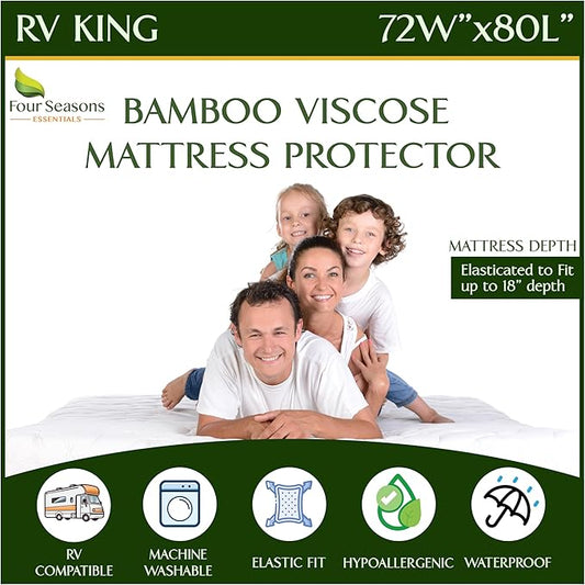 Four Seasons Essentials RV King Size Waterproof Mattress Protector - Cooling Viscose derived from Bamboo Fitted Sheet Mattress Cover - Quilted Jacquard Pad Protects from Dust Allergens