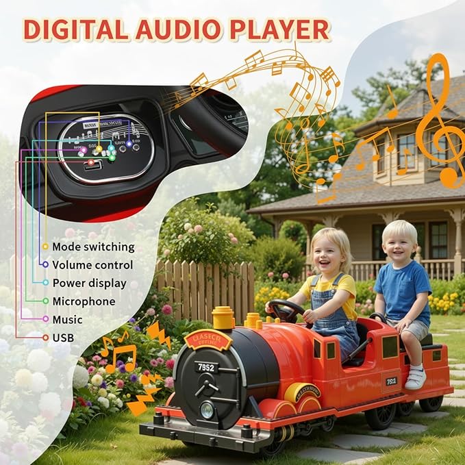 TLSUNNY Ride On Train Trackless, 12V Kids Battery Electric Train with 2-Seater，Detachable Carriage, Extra Storage, Colorful Lights & Music, Toddlers Car Toy for Boys & Girls Age 3+ (Red)