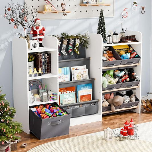IKALIFE Kids Toy Book Storage Organizer - Large Bookshelf with 7 Removable Bins, Baby Bookshelf and Toy Storage, 4-Tier Book Shelf for Kids Room, Playroom, Classroom, 51 inch, White