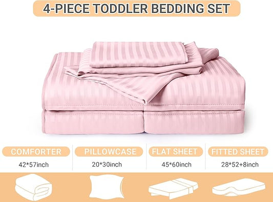 ZPECC Toddler Bedding Set - 4 Piece Hypoallergenic Baby Crib Bedding Set for Boys and Girls, Includes Toddler Comforter, Flat Sheet, Fitted Sheet and Pillowcase, Pink Stripe