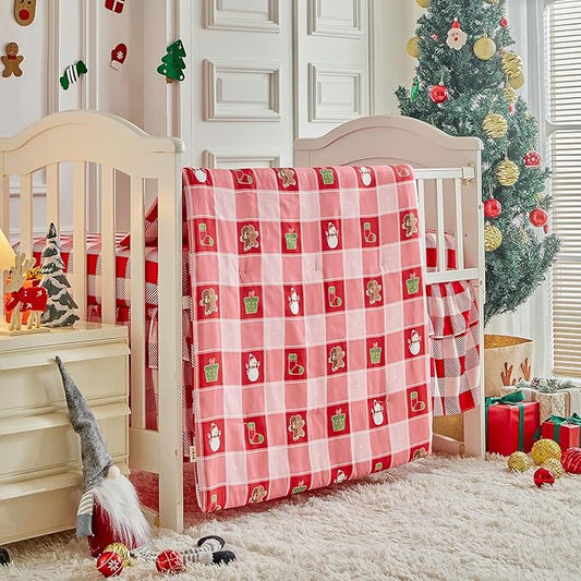Christmas Crib Bedding Set 3 Pcs Pink Red Plaid with Gingerbread Man, Soft Quilted Comforter Sheet & Skirt, Festive Baby Crib Bedding