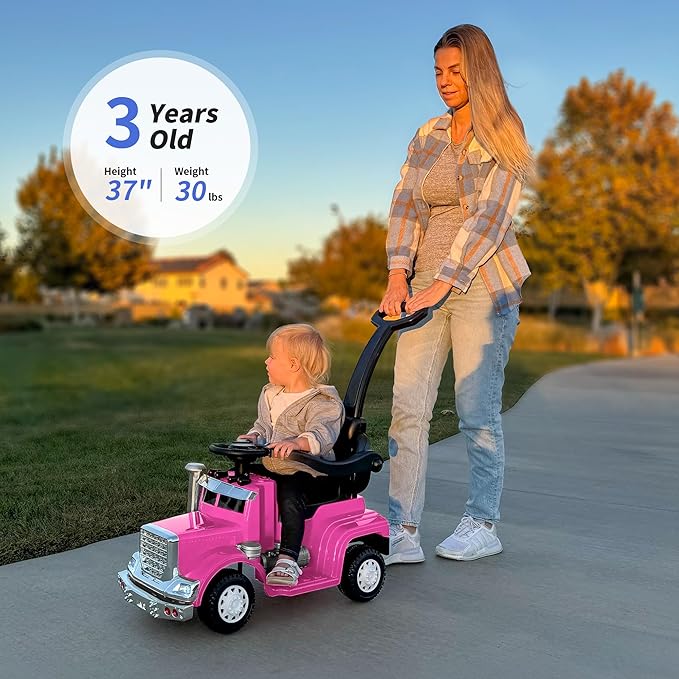 3-in-1 Ride on Push Car for Toddler with Handle, Toddler Ride on Toy for Boys, Stroller Sliding Walking Car w/Music, Horn and Lights - Hot Pink
