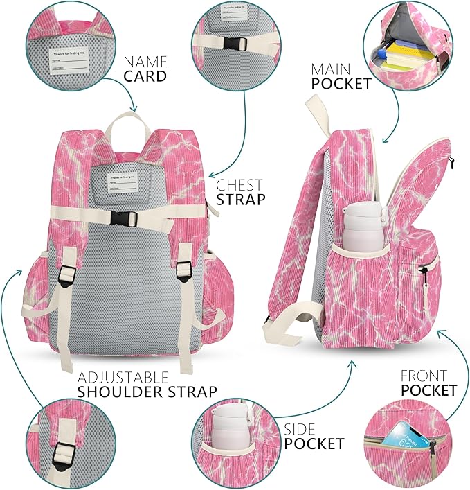 atgark Corduroy Kids Backpack for Girls 6-10: Girls Backpacks for Elementary Kindergarten 15” H Fit Folder