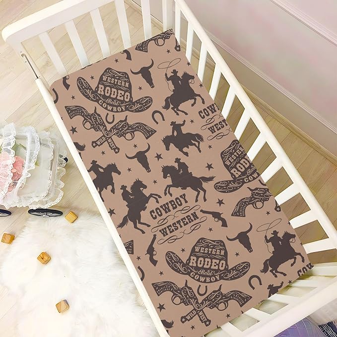 Western Cowboy Vintage Crib Sheets Soft Breathable Fitted Baby Crib Sheets Mattress Cover for Girl Boys, 52" x 28" x 9"