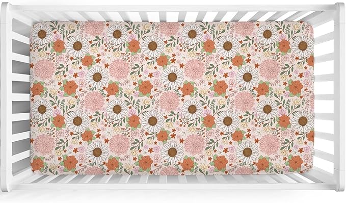 Retro Boho Floral Baby Crib Sheet 52''x28'' Vintage Flowers Stretchy Fitted Crib Mattress Sheet for Boy Girl Wild Flowers Summer Soft Baby Nursery Bed Sheets for Standard Crib and Toddler Mattress