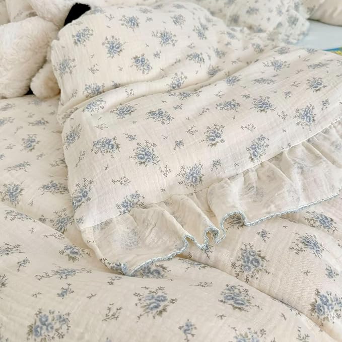 BuLuTu Muslin Cotton Kids Duvet Cover with Ruffles for Toddler Bed/Crib Comforter/Quilt Cover Shabby Chic Blue Freesia Print Toddler Duvet Cover Girls Boys, 47"x59", No Pillow Cases