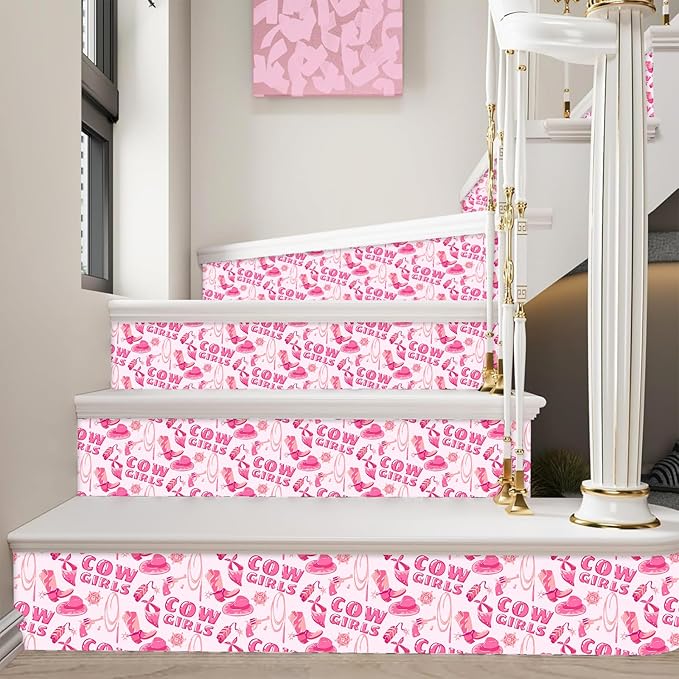 Pink Peel and Stick Wallpaper Cowgirl Contact Paper Staircase Sticker Western Theme Self Adhesive Wall Paper Hat Boots Vinyl Film Disco Cow Print Art Mural for Cabinets Bedroom Drawer 15.7"x62.9"