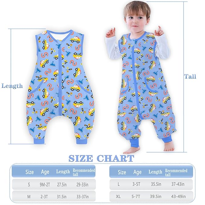Toddler Sleeping Sack, Toddler Sleep Sack with Feet, Walker Wearable Blanket, Sleep Sack with Legs,0.5Tog（Y Car 9M-2T）