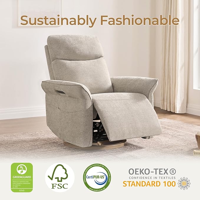 CHITA Power Recliner Chair, Electric Triple-Motor Swivel Glider Nursery Rocking Chair with Adjustable Power Headrest and Lumbar Support, Solid Wood Base, Khaki Grey