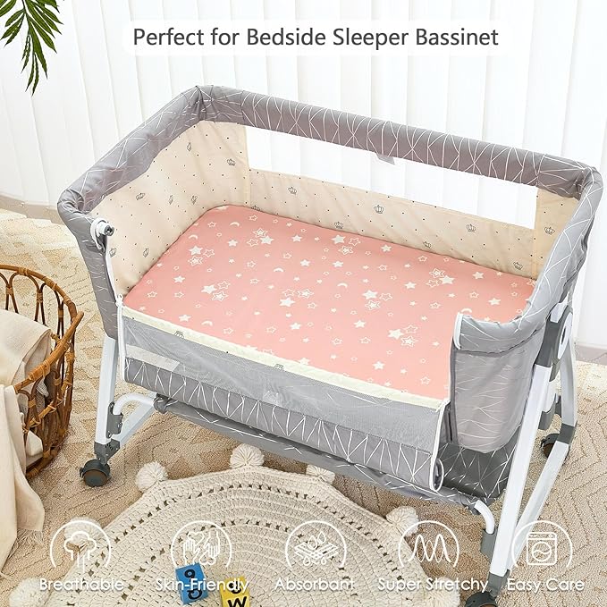 3 Pack Soft Strecthy Bassinet Sheets - 33"x20" Bedside Bassinet Sheets for Baby Delight, Angelbliss, Maxi-COSI & Most Bedside Sleeper | Breathable & Skin Friendly Bassinet Fitted Sheets for Girls