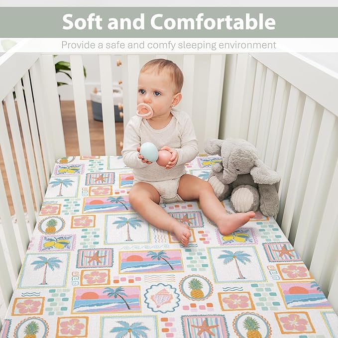 Colorful Beach Patchwork Baby Crib Sheets for Girl 52x28 Bright Summer Seashells Girly Soft Snug Fitted Crib Mattress Cover Pineapple Lemon Palm Starfish Baby Sheet for Crib & Toddler Bed Mattresses