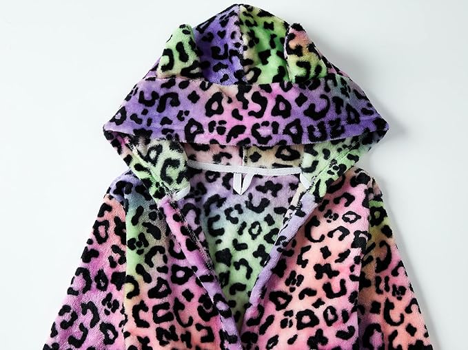 Topgal Leopard Cat Robe for Girls Fleece Toddler Kids Teen Hooded Bathrobe Size 4T-18