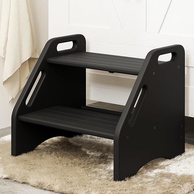 AMBIRD Wooden Step Stool - Two-Step 300 lbs Capacity With Safety Non-Slip Pads and Handles, Bamboo for Bathroom, Kitchen, Dual Height for Adults (Black)
