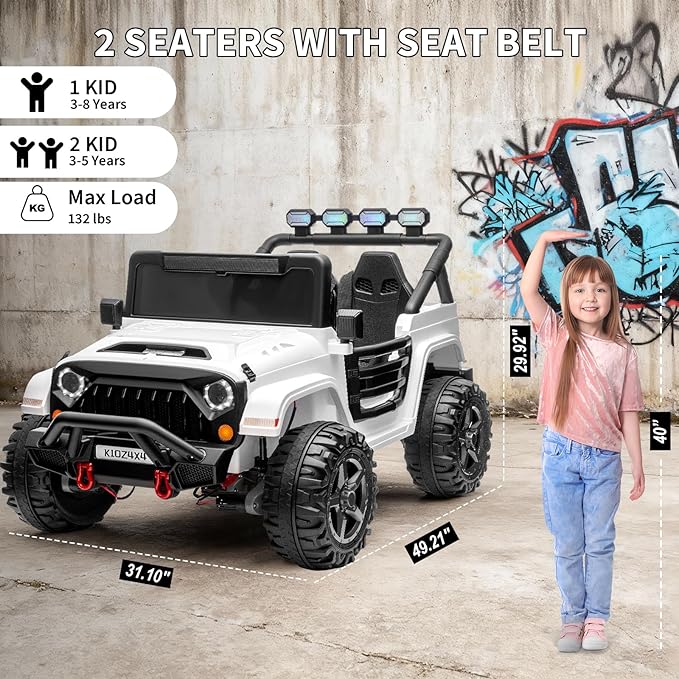 2 Seater Ride on Car Toy for Kids, 24V 4x4 Ride-on Truck, w/Parent Control, Soft Start, 3 Speed, 4-Wheeler Suspension, Bluetooth, LED Lights, Electric Car for Kids Toddler Ages 3-8, White