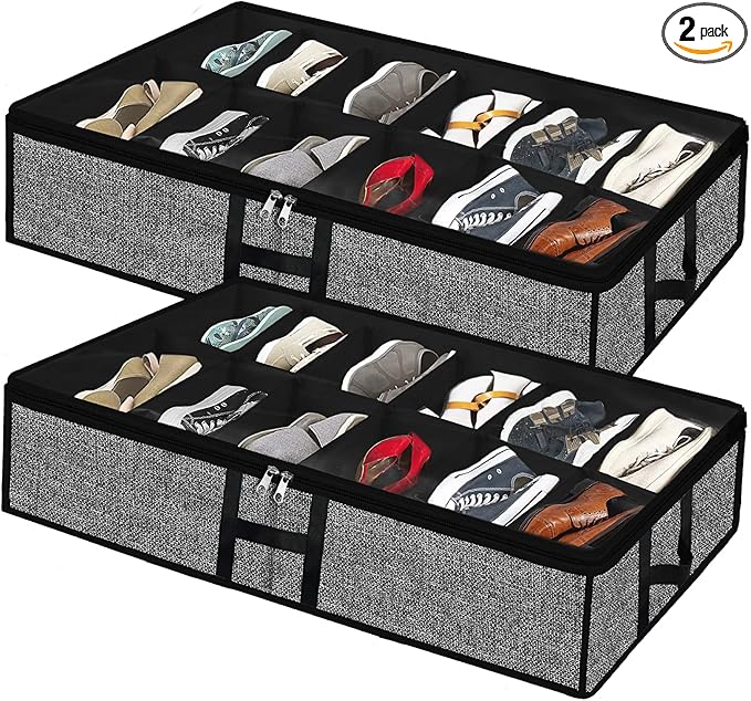 Meerainy Under Bed Shoe Organizer Storage for Closet 2 Pack- Fits 24 Pairs Underbed Shoes Container Boxes with H Shap Sturdy Handles and Clear Window,Foldable Shoe Rack Holder,Black
