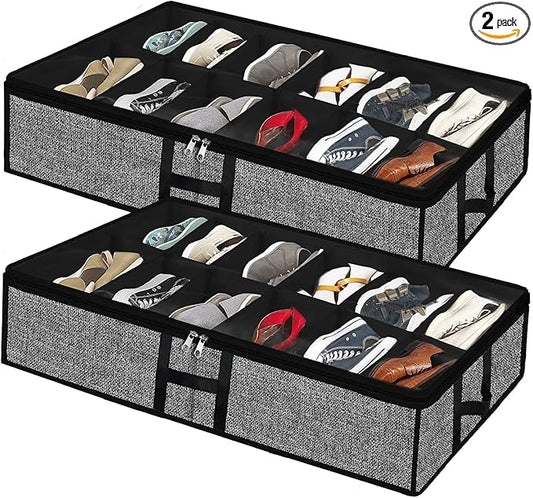 Meerainy Under Bed Shoe Organizer Storage for Closet 2 Pack- Fits 24 Pairs Underbed Shoes Container Boxes with H Shap Sturdy Handles and Clear Window,Foldable Shoe Rack Holder,Black