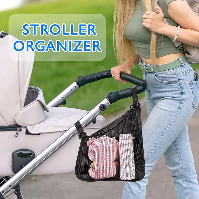 Elfzone Stroller Side Bag - Bike/Stroller Organizer, Hook & Loop Easy Attach - Mesh Design, Non-Slip Straps, mom Cozy Stroller Organizer, Stroller Accessories, Black (BLACK 1PCS)