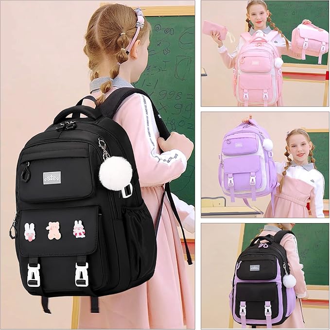 DIGOBAY 3PCS Girls Backpack for School, Kids Backpack for Girls with Lunch Box Pencil Case Set for Teen Girl Elementary Primary Middle High College School Bookbag with Cute Pins (Black)