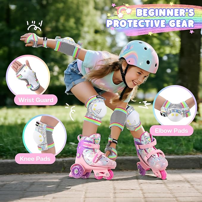 Knee Pads for Kids - ZOOBLISS Toddler Knee and Elbow Pads Set Wrist Guards for Skating Girls Aged 3-12, Kids Protective Gear for Roller Skates Skateboard Bike Scooter, Included Drawstring Bag(Rainbow)