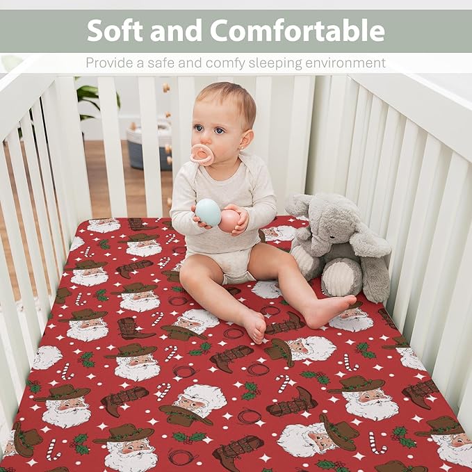 Red Cowboy Santa Christmas Baby Crib Sheets for Boy Girl 52x28Inch Western Santa Hat Boots Fir Leaves Soft Snug Fitted Crib Mattress Cover Wild West Baby Sheet for Standard Crib & Toddler Mattress