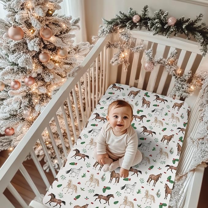 Christmas Horses Baby Crib Sheets for Boy Girl 52"x28" Holiday Animals Cherry Fir Leaves Soft Snug Fitted Crib Mattress Cover Winter Farm Animal Baby Sheet for Standard Crib & Toddler Bed Mattress