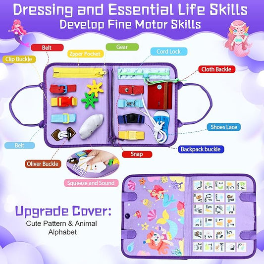 Esjay Toddler Busy Board Montessori Toys for Girls, Sensory Book Educational Activities Learning Fine Motor Skills, Birthday Gifts for Girls Toddlers, Travel Toys for Airplane Car, Purple Merpeople