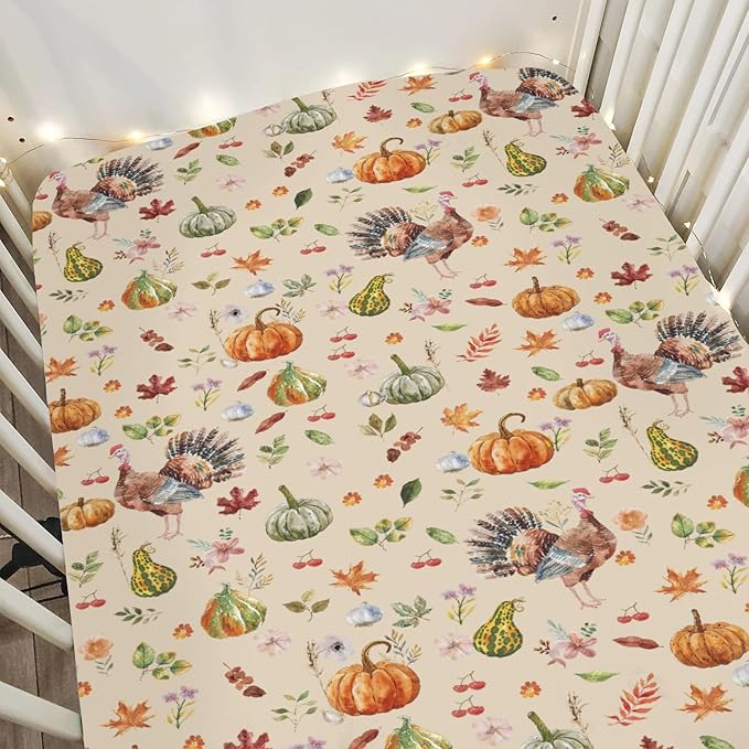 Thanksgiving Turkey Pumpkins Baby Crib Sheets for Boy Girl 52"x28" Vintage Autumn Leaves Soft Stretchy Fitted Crib Mattress Covers Fall Harvest Baby Sheet for Standard Crib and Toddler Bed Mattress