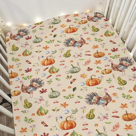 Thanksgiving Turkey Pumpkins Baby Crib Sheets for Boy Girl 52"x28" Vintage Autumn Leaves Soft Stretchy Fitted Crib Mattress Covers Fall Harvest Baby Sheet for Standard Crib and Toddler Bed Mattress