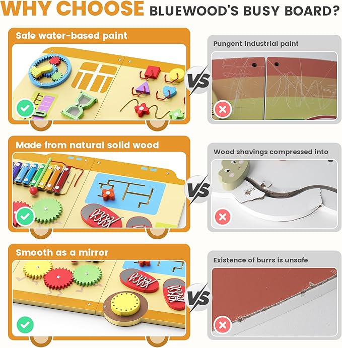 BlueWood Wooden Wall Busy Board Panels, Toddler Learning Activity Center, Montessori Philosophy Sensory, Educational Toys, Conducive to All-Round Development - School Bus
