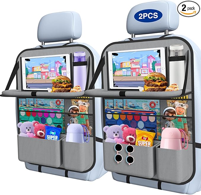 Oneyus 2PACK-Car Backseat Organizer with Touch Screen Tablet Holder,9 Storage Pockets Storage Organizer with Foldable Food Tray, Protector Kick Mats for Kids, Travel Accessories Organizer (Grey)