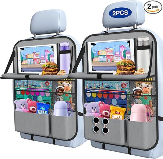 Oneyus 2PACK-Car Backseat Organizer with Touch Screen Tablet Holder,9 Storage Pockets Storage Organizer with Foldable Food Tray, Protector Kick Mats for Kids, Travel Accessories Organizer (Grey)