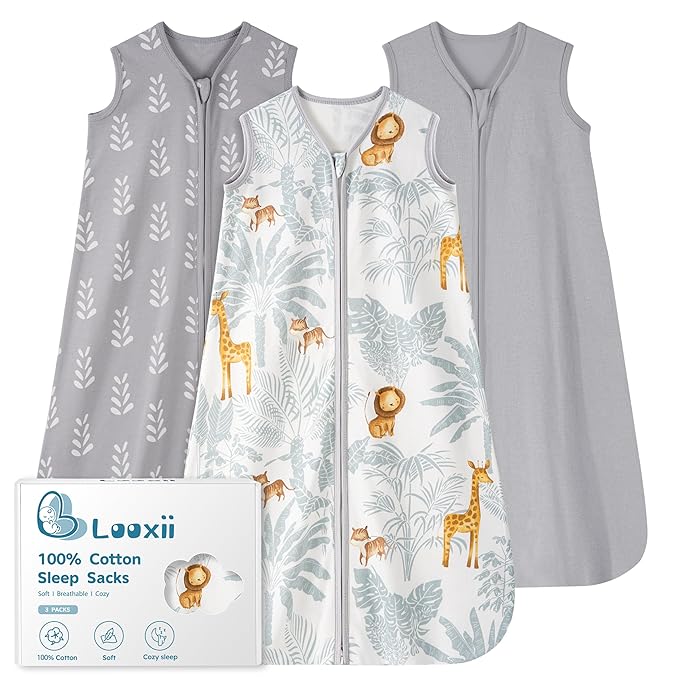 Looxii Baby Sleep Sack 0.5 TOG, 100% Cotton 3 Pack Wearable Blanket Baby Sleep Bag for Newborn Infant, 2-Way Zipper Lightweight Toddler Sleeping Sack 6-12 Months