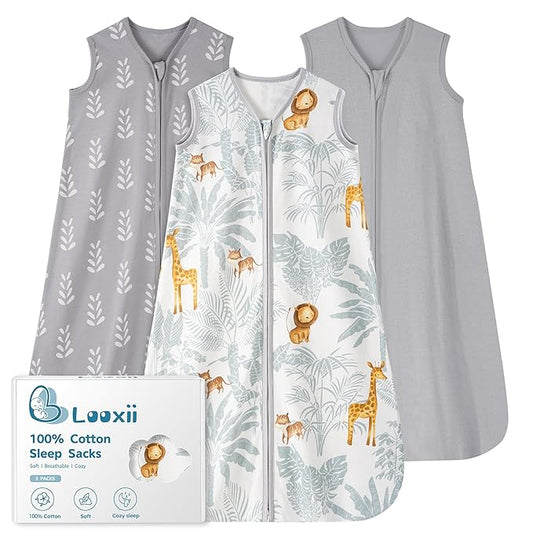 Looxii Baby Sleep Sack 0.5 TOG, 100% Cotton 3 Pack Wearable Blanket Baby Sleep Bag for Newborn Infant, 2-Way Zipper Lightweight Toddler Sleeping Sack 6-12 Months