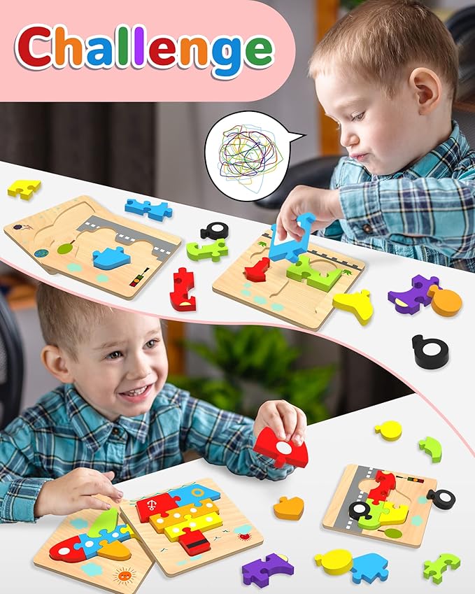 Yetonamr Wooden Toddler Puzzles Gifts Toys for 1 2 3 Years Old Boys Girls, 6 Vehicle Shape Montessori Toys Educational Blocks Stocking Stuffers Kids Gift Baby Learning Toy Age 1-3, 2-4
