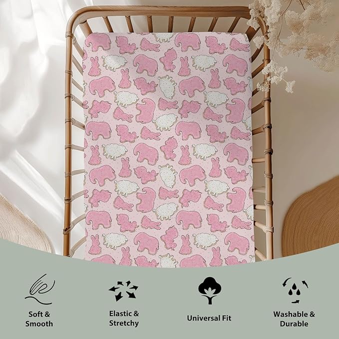Pink Animal Cookie Baby Crib Sheets for Boy Girl 52"x28" Cute Frosted Animal Cookie Soft Snug Fitted Crib Mattress Cover Circus Animal Biscuits Baby Sheet for Standard Crib & Toddler Bed Mattress