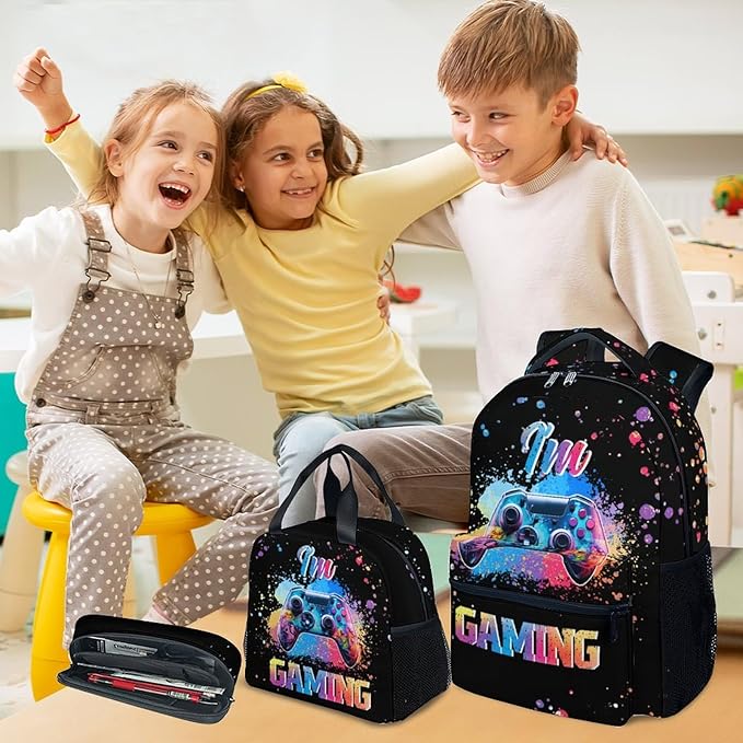 COZYAURA Kids Backpack with Lunch Box - Graffiti Video Gamer Backpack for School - Lightweight Black Gaming Backpacks for Boys