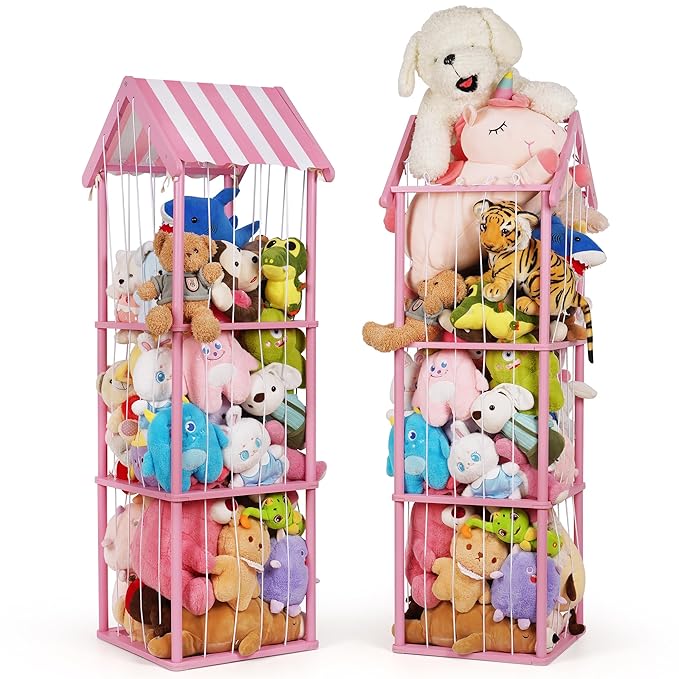 Edudif Stuffed Animal Storage, Space Saving Vertical Stuffed Animal Holder Wood, Easy Assembly Cottage-Style Plush Toys Organizer for Kids Bedroom & Playroom (Pink, Large)
