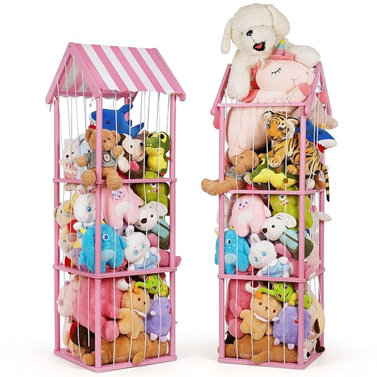Edudif Stuffed Animal Storage, Space Saving Vertical Stuffed Animal Holder Wood, Easy Assembly Cottage-Style Plush Toys Organizer for Kids Bedroom & Playroom (Pink, Large)