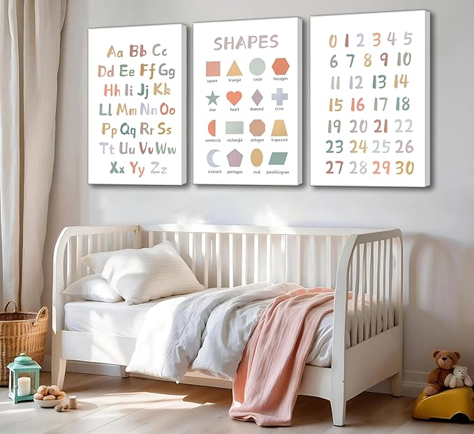 3Pcs Kids Playroom Wall Art Decor Toddler Room Decor ABC Nursery Artwall Shapes Canvas Wall Art 123 Poster Print Decoration for Classroom Toddler Kids Nursery Bedroom
