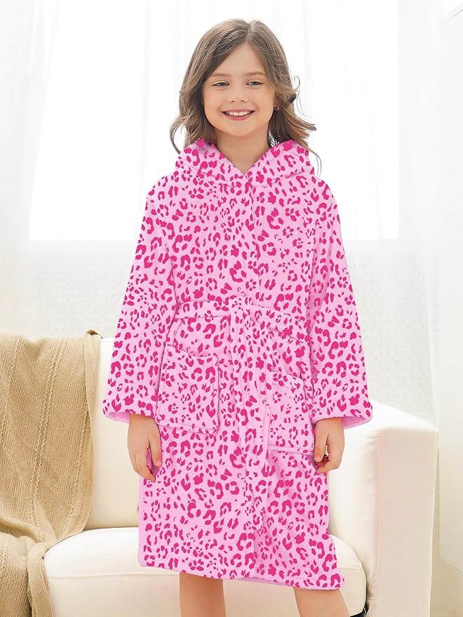 Doctor Unicorn Girls Leopard Cat Robe Kids Fleece Warm Hooded Bathrobe