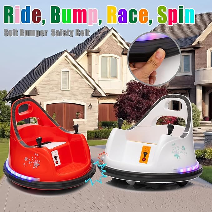 FINITO 12V Ride On Electric Bumper Car for Toddlers with Remote Control, 360 Degree Spin, LED Lights, Music, Safety Belt for Age 3+ Years Kids, Gift for Boys and Girls, White