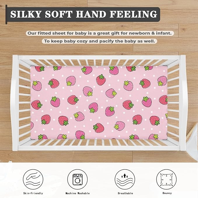 Pink Strawberry Fitted Crib Sheet for Girls Cute Strawberries Baby Sheet for Standard Crib and Toddler Polka Dots Fruit Nursery Bed Mattress Sheets 28"x52"