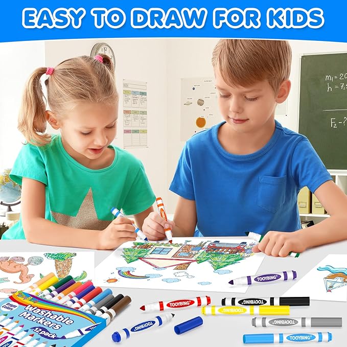 TooyBing Washable Markers Bulk (144 Count, 12 Box), 12 Assorted Colors, Washable Markers for Kids Classroom School, Broad Tip Durable for Back to Classroom Art School Supplies Essentials