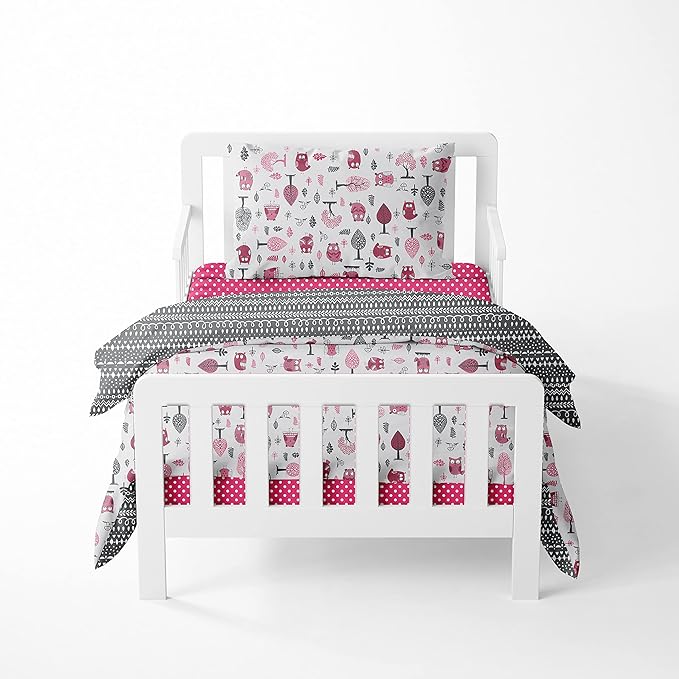 Bacati Owls Girls Cotton 4 Pc Toddler Bedding Set, Pink/Grey