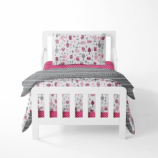 Bacati Owls Girls Cotton 4 Pc Toddler Bedding Set, Pink/Grey